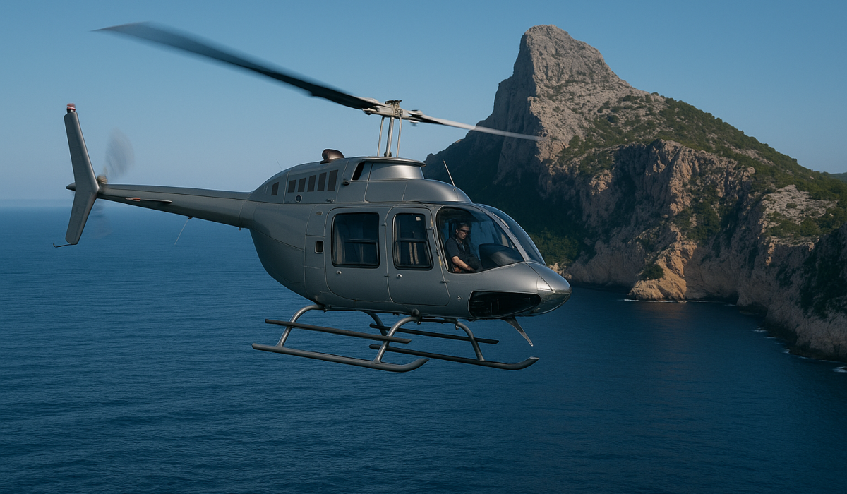 Jetranger Helicopter flying next to the Cap Formentor in Mallorca