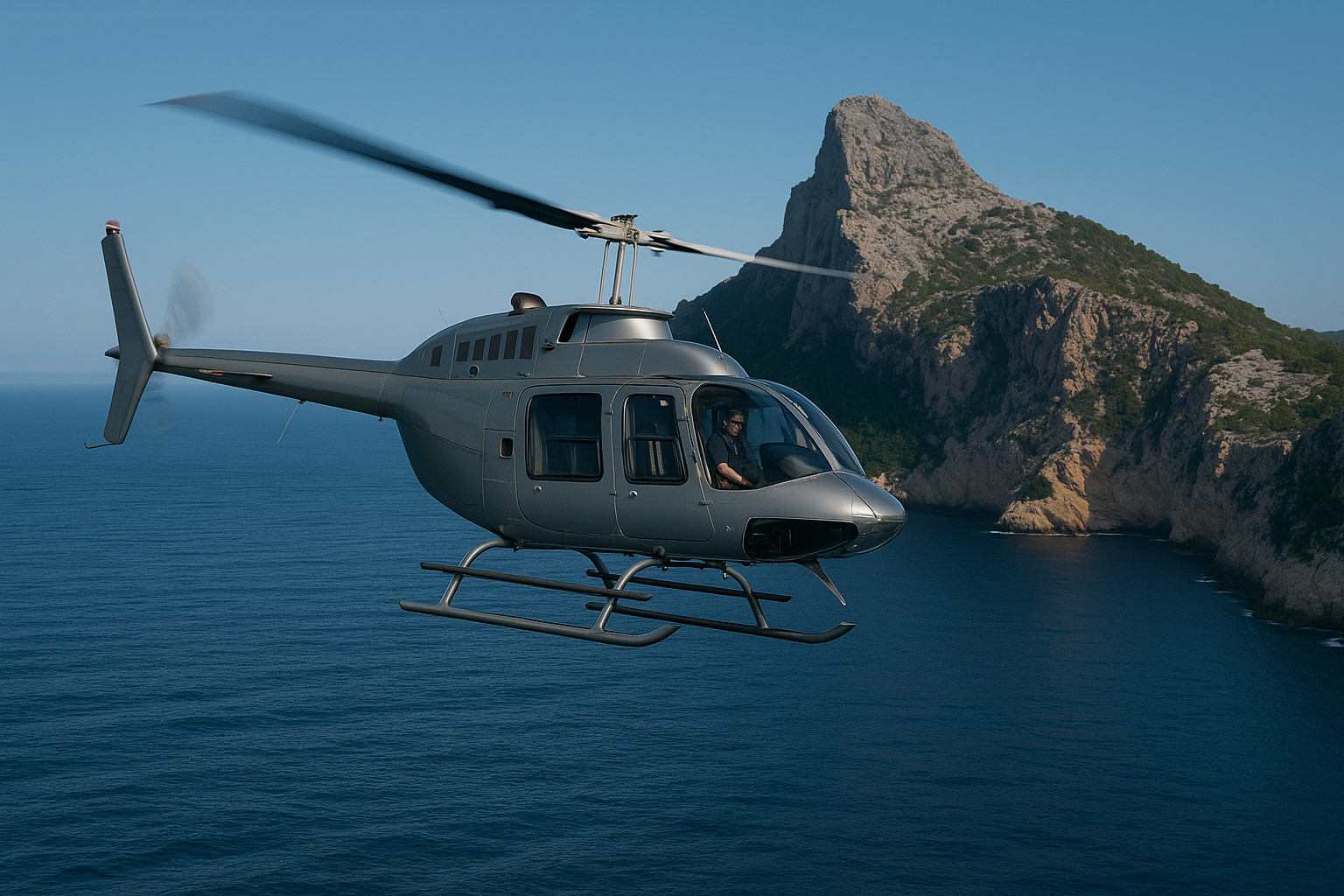 Jetranger Helicopter flying next to the Cap Formentor in Mallorca