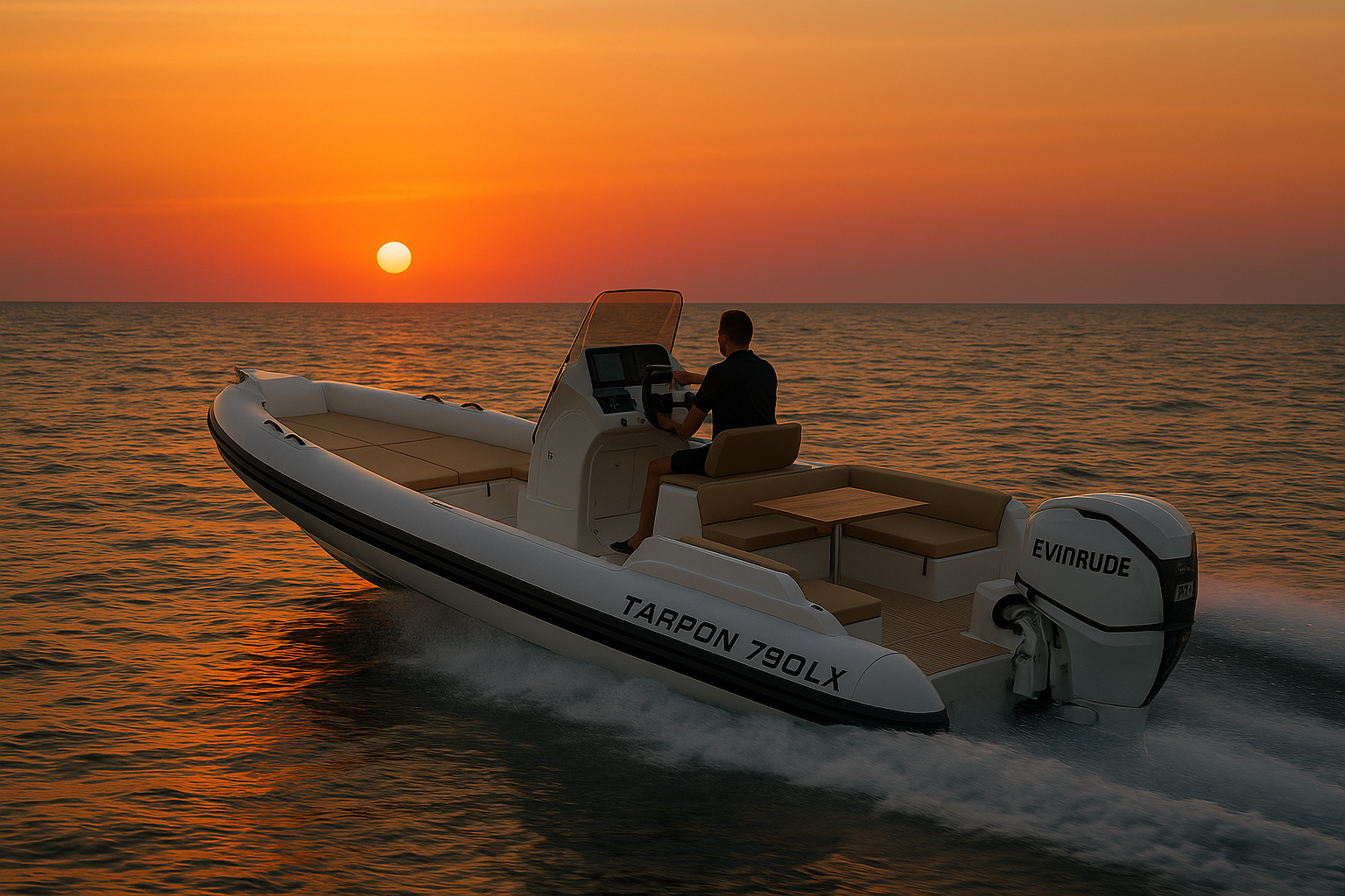Boat Tarpon 790 LX driving on the Mediterranean Sea into the sunset