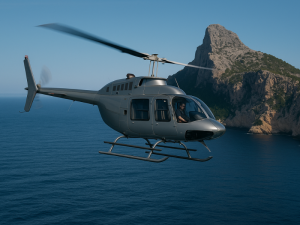 Jetranger Helicopter flying next to the Cap Formentor in Mallorca