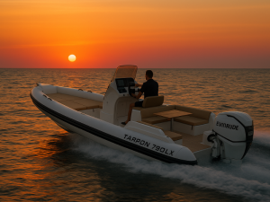 Boat Tarpon 790 LX driving on the Mediterranean Sea into the sunset