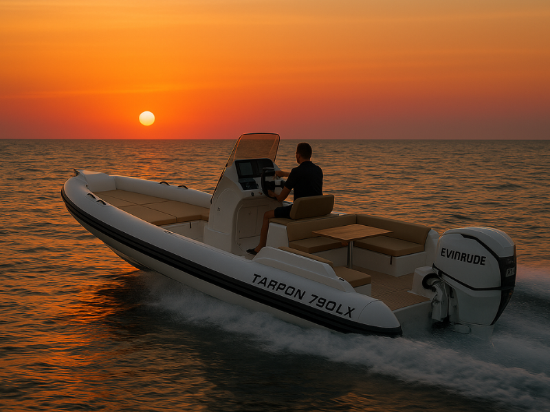 Boat Tarpon 790 LX driving on the Mediterranean Sea into the sunset