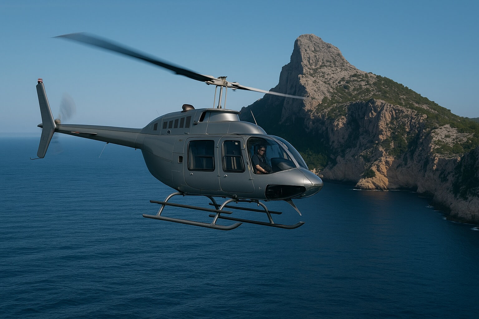 Jetranger Helicopter flying next to the Cap Formentor in Mallorca